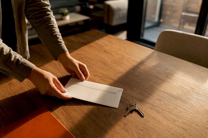 Sealed notice envelope on apartment table