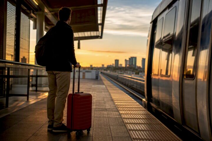Traveler waiting at airport rail platform
