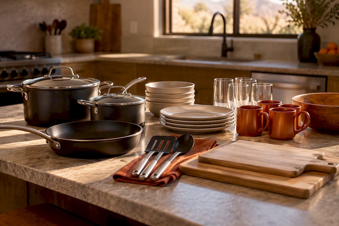 Cookware and dinnerware arranged in rental kitchen