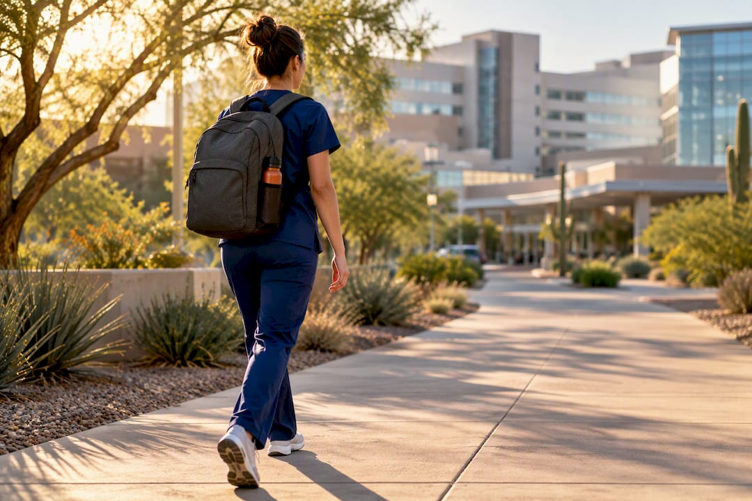 Medical student walking toward hospital campus