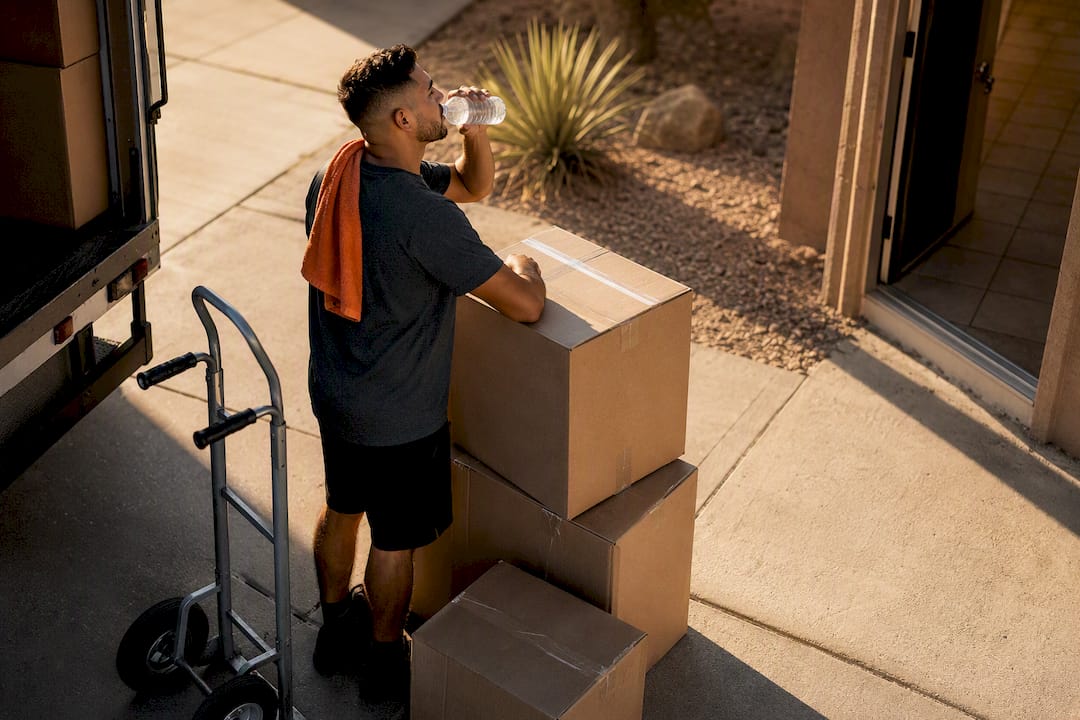 Mover taking a water break in Phoenix heat