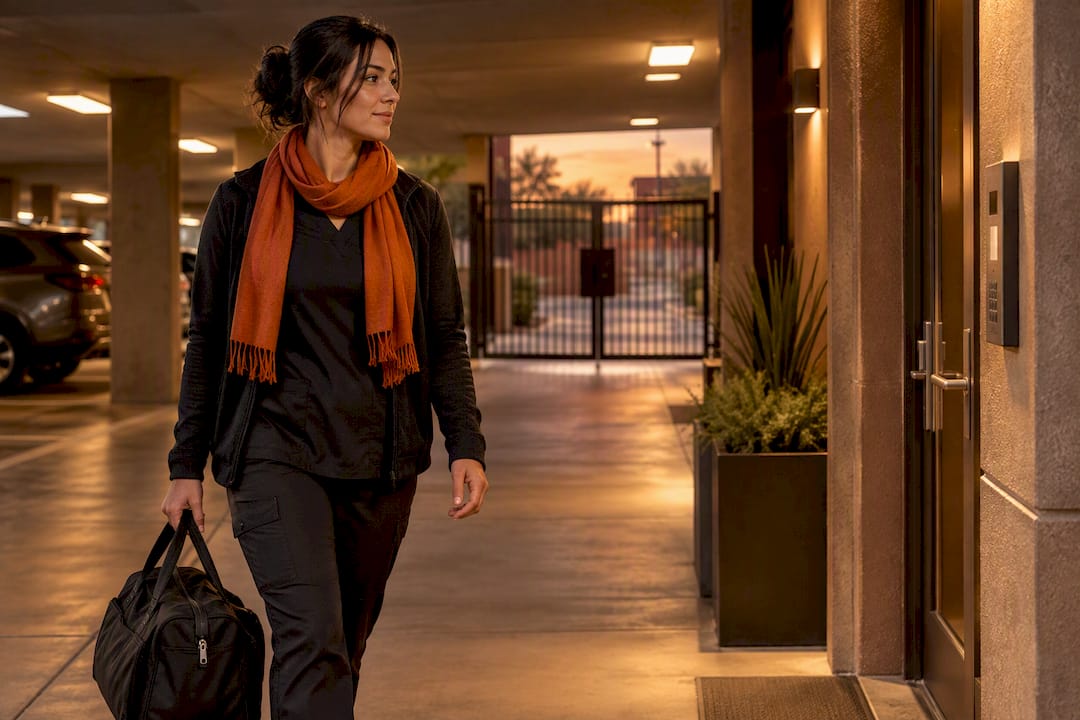 Traveler approaching secure apartment entry at dusk