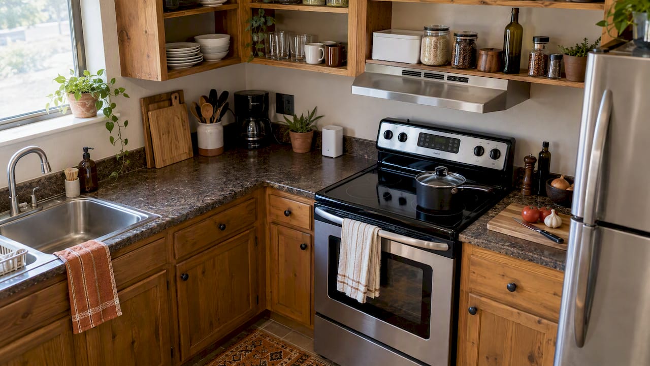 Kitchenware arranged in furnished rental kitchen