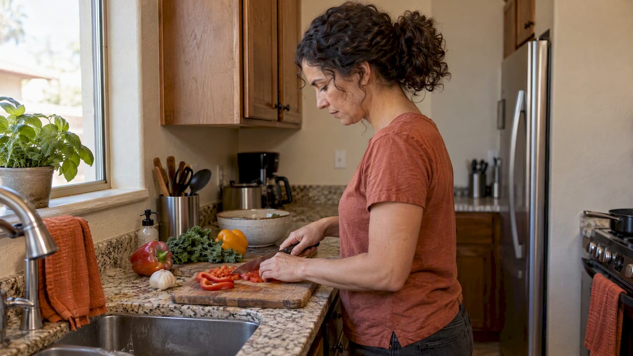 Traveler preparing a meal in a rental kitchen